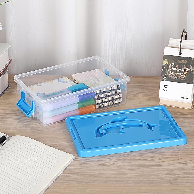 BTSKY 1-Pack Clear Plastic Storage Box with Lid, Stackable Organizer Featuring Easy-Lift Dolphin Design, Multi-Use Portable Container for Home, Craft, Office, Space-Saving with Secure-Clasp, Blue - Image 2