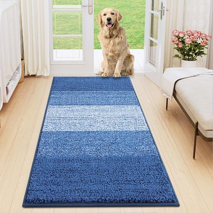 Smiry Dog Door Mat for Muddy Paws, Absorbs Moisture and Dirt, Low-Profile Entryway Mat with Non-Slip Backing, Entry Indoor Outdoor Doormat for Inside Floor (47x24 Inches, Navy Blue, Striped) by Smiry