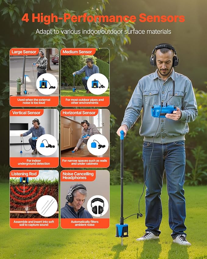 VEVOR Pipe Water Leak Detector with 4 Sensors, 1Hz-10000Hz, 7" Touchscreen Underground Plumbing Leakage Detection Locator with 3 Listening Rods, Headphones, 8GB Card & Carry Case for Indoors Outdoors - Image 4