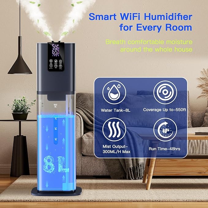 Smart Humidifiers Large Room Bedroom Home, 2.11Gal(8L) Quiet Top Fill Cool Mist Humidifier, Smart App & Remote Control, 3 Speed Humidifier with 360° Nozzle, Humidity Setting for Baby Office(Blue) - Image 3
