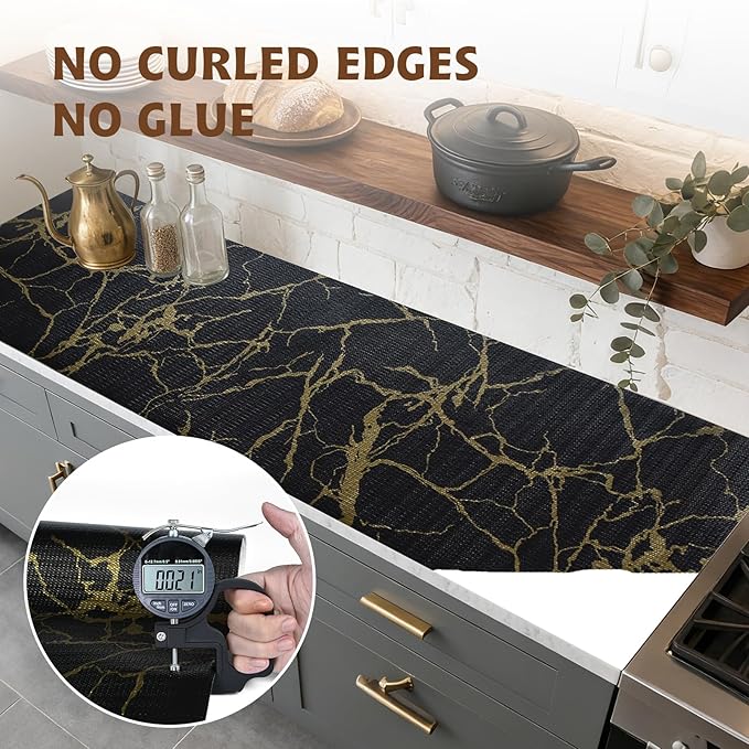 2-Layer Drawer and Shelf Liner for Kitchen Cabinet: 12in X 20Ft Non Slip Waterproof Shelf Paper Non Adhesive Refrigerator Liners Black/Gold Marble Easy Liners for Bathroom with Knife Tape Measure - Image 8