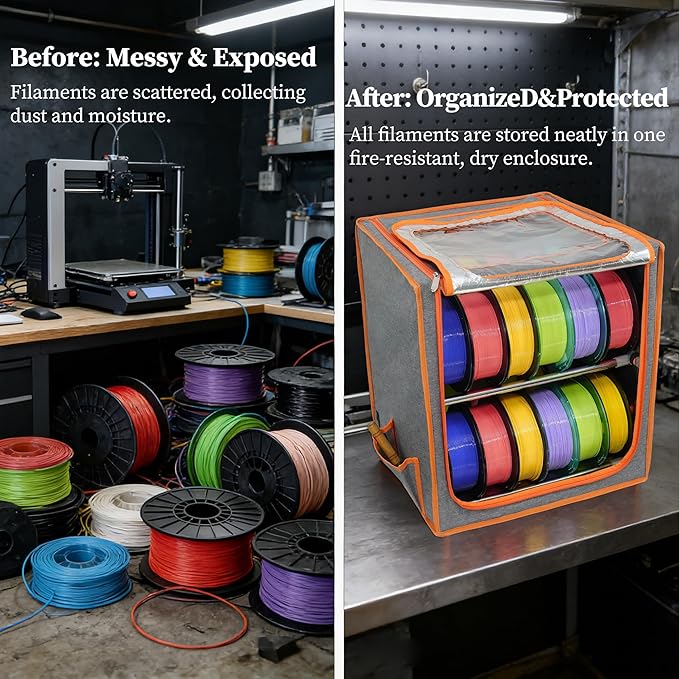 3D Printer Filament Storage Box Large, 2 Tiers Dual-Row Metal Filament Storage Rack with Fire-Resistant Enclosure Cover Tent, Holds Up to 24 Rolls of Filaments, Ideal for Home, Office Workshop, Studio - Image 3