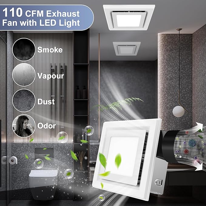 Bathroom Exhaust Fan with Light, 110 CFM Bath Ventilation Fans with 1200lm LED Light 3CCT Selectable, Quiet 1.0 Sone Ceiling Mount Vent Fan Light Combo for Home/Bath/Offic/Warehouse - Image 4