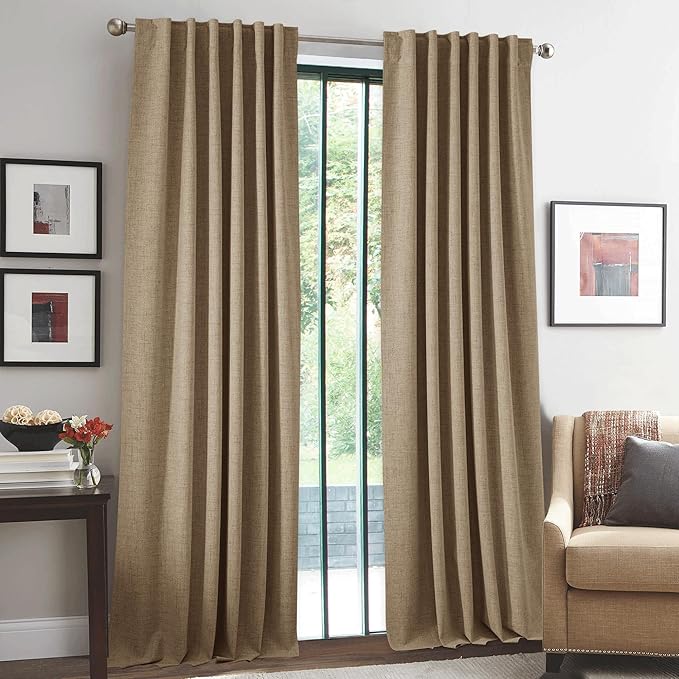 RYB HOME 100% Blackout Linen Textured Curtains for Bedroom, Farmhouse Thermal Insulated Window Curtains for Living Room Dining Patio Sliding Glass Door, Wide 52 x Long 102 inch, Burlap, 2 Panels - Image 2