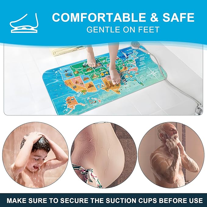 XIYUNTE Baby Bath Mat for Tub Non Slip Kids Bath Mat - 40''x16'' Extra Long Cartoon Bathtub Mat Non Slip Kids Shower Mat Eco-Friendly Toddler Bath Mats with Suction Cups, Machine Washable, Map - Image 4