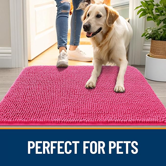 OLANLY Dog Door Mat for Muddy Paws 36x24, Absorbs Moisture and Dirt, Absorbent Non-Slip Washable Doormat, Quick Dry Chenille Mud Mat for Dogs, Entry Indoor Entryway Carpet for Inside Floor, Hot Pink - Image 6
