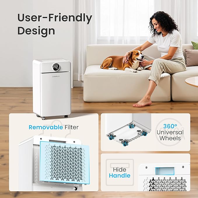 CHIVALZ 1500 Sq.Ft Dehumidifier for Basement with Drain Hose Max 25 Pints, Dehumidifiers for Home, Bedroom, Bathroom, Quiet, Intelligent Humidity Control, 3 Modes, 24H Timer, White 1Pack - Image 5