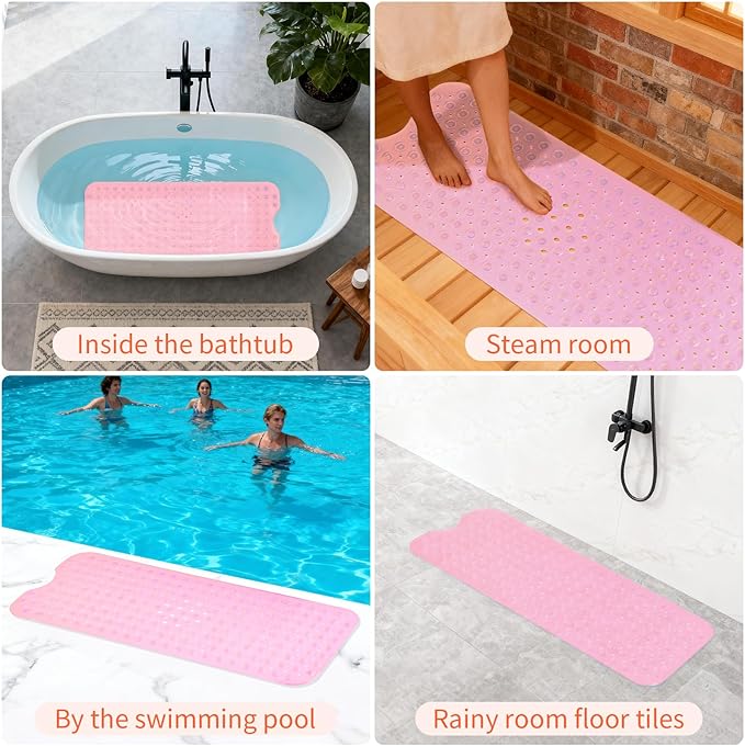 Anti-Slip Bathtub Shower mat, 39.3×15.7 inch（Approximately 100 × 40cm） Soft Oversized Machine Washable Non-Slip Bathtub mat with Drainage Holes, Bathroom Floor Suction Cup.（1-Clear Pink） - Image 6