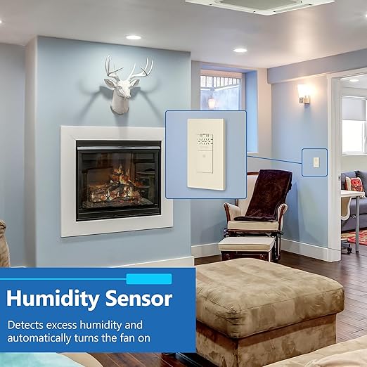 LIDER No Neutral Wire Required Humidity Sensor Switch, Automatic Humidity Control, Air Circulator, Adjustable Timing, 1-Pole, UL Listed, Light Almond, Wall Plate Included 2 Pack - Image 7