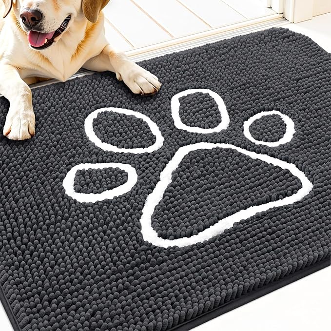 OLANLY Dog Door Mat for Muddy Paws 30x20, Paw Print Design, Absorbs Moisture and Dirt, Absorbent Non-Slip Washable Doormat, Quick Dry Chenille Mud Mat for Dogs, Entry Indoor Entryway Carpet, Dark Grey by OLANLY