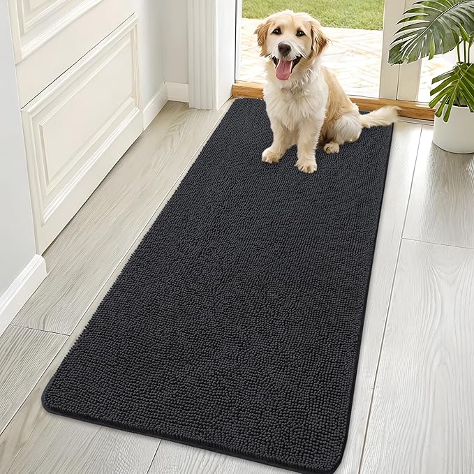 OLANLY Dog Door Mat for Muddy Paws 70x35, Absorbs Moisture and Dirt, Absorbent Non-Slip Washable Doormat, Quick Dry Chenille Mud Mat for Dogs, Entry Indoor Entryway Carpet for Inside Floor, Dark Grey by OLANLY