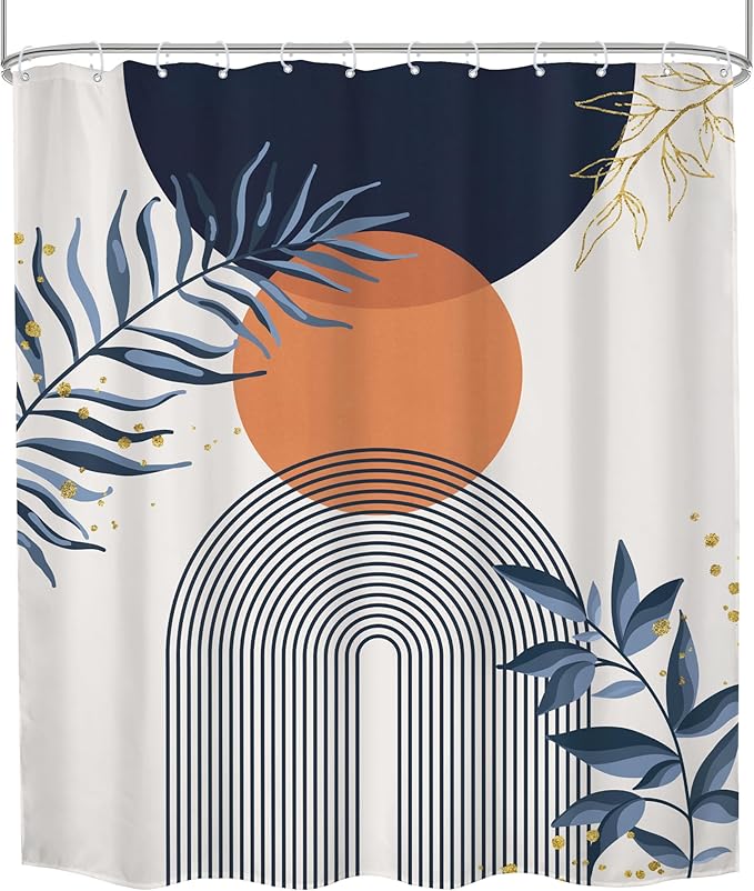 Navy Blue Boho Shower Curtain 60Wx72H Modern Abstract Bohemian Blue Gold Leaves Orange Minimalist Mid Century Plant Arch Bathroom Decor Neutral Geometric Bath Curtain Polyester 12 Pack Hooks - Image 8