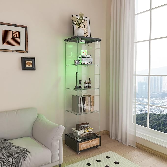 Yoluckea 4 Tiers Glass Display Cabinet with LED Lighting and Drawer, 1 Door Floor Standing Curio Cabinet with Wheel for Home, Office, Corner Display, Black Glass Bookshelf for Collections and Decor - Image 9