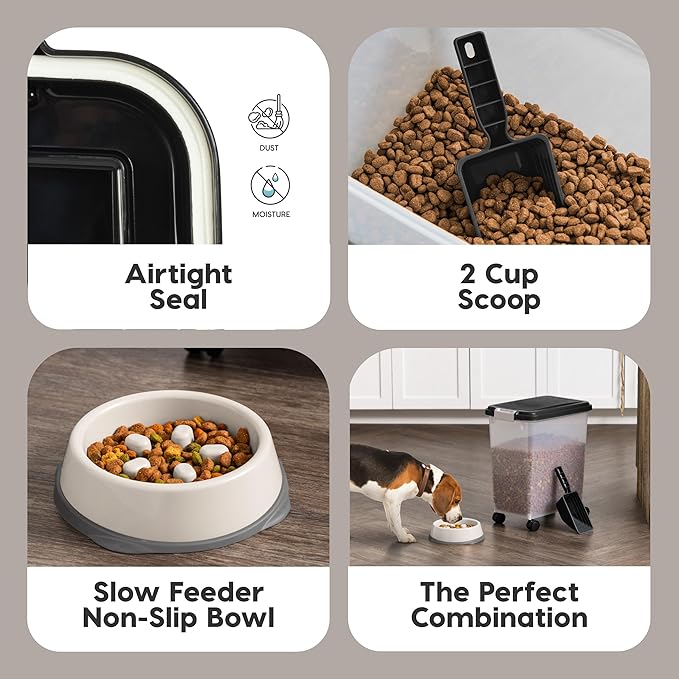IRIS USA Airtight Dog Food Storage Container with 2-Cup Scoop and Slow Feeder Bowl Combo, Up to 30 lbs Pet Food Bin with Attachable Wheels, Anti-Slip Short Snouted Bowl, Easy to Clean, BPA Free, Black - Image 4