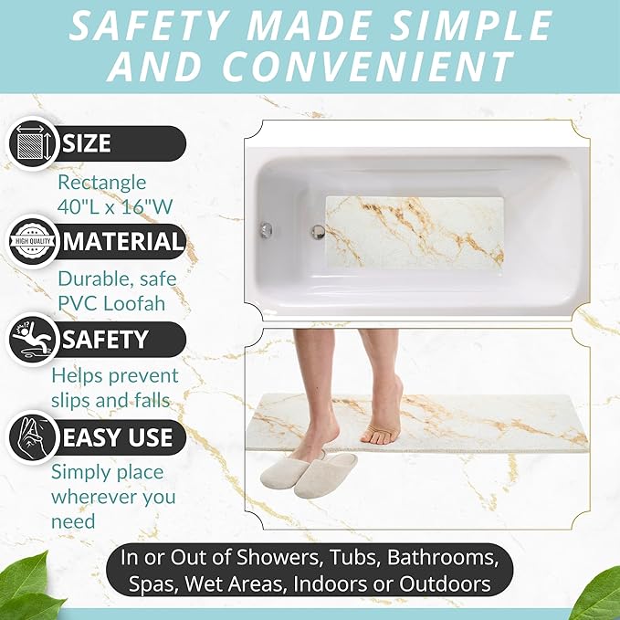 Non Slip Bathtub Mat Shower Mat for Tub - Loofah Bath Mats for Bathroom - 40x16 Bathtub Floor Mat - Textured Anti Slip Bath Mat Without Suction Cups - Secure Mat for Wet Areas (40x16 White Gold) - Image 3