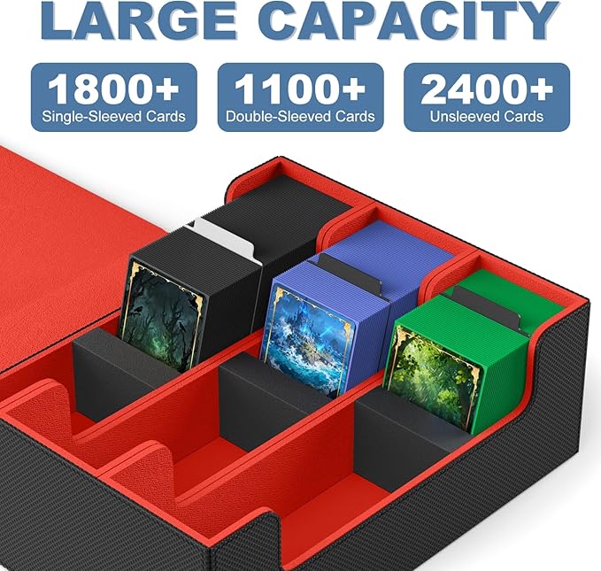 Mlikero Card Deck Case, 1800+ Trading Card Storage Box with 10 Dividers and 3 Foam Stoppers, Leather Magnetic Closure Commander Deck Box Fit for YuGiOh, MTG and Sport Cards(Black&Red) - Image 2