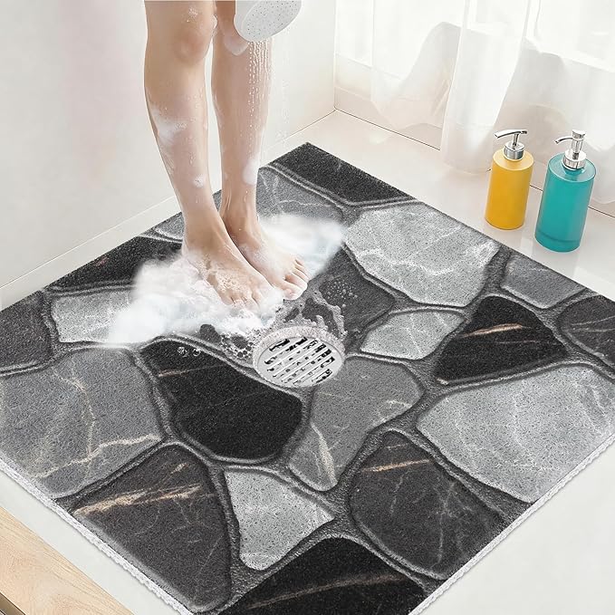 Square Shower Mat Non Slip: 24x24 Inch Extra Large Shower Mats for Inside Shower, Anti Slip Shower Floor Mat, Loofah Shower Stall Mats for Elderly, Non Slip Shower Mat with Drain Hole in Middle by KAZOLEN