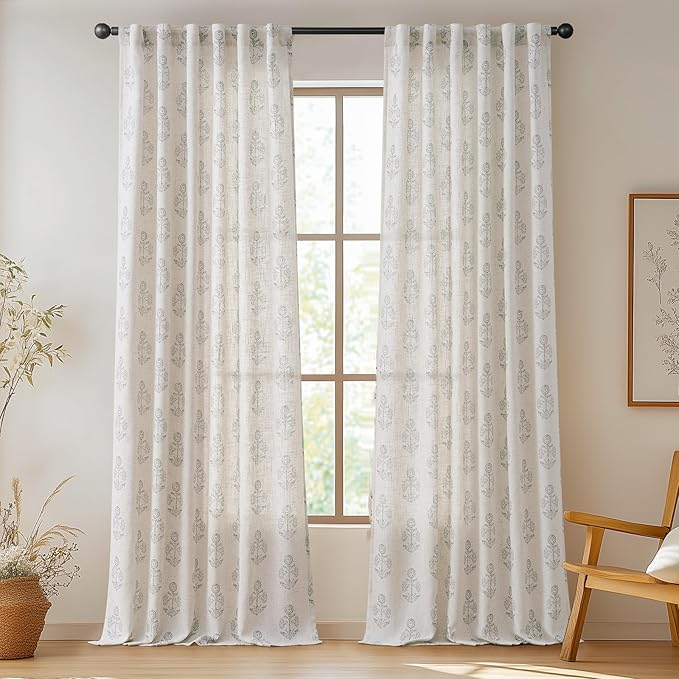 jinchan Linen Floral Curtains for Living Room 96 Inch Length Gray Flower Cottage Core Farmhouse Curtains Rod Pocket Back Tab Boho Semi Sheer Window Drapes Bedroom Set 2 Panels Grey on Beige - Image 2