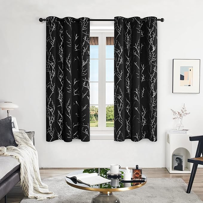 Deconovo Black Out Curtains for Kitchen, 42 x 45 Inch Length 2 Panels Set, Thermal Insulated Soundproof Window Drapes with Silver Print, Grommet Top, Machine Washable Panels for Small Winodw Nursery - Image 2