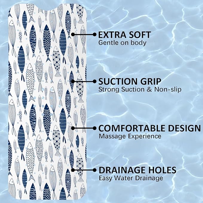 Fish Bathtub Mat Non Slip, Boho Baby Bath Mat for Tub Rubber Tub Mat, Cute Kids Bath Mats for Bathroom Ocean Anti Slip Shower Mat with Suction and Drain Holes Machine Washable, 40″X16″ - Image 7