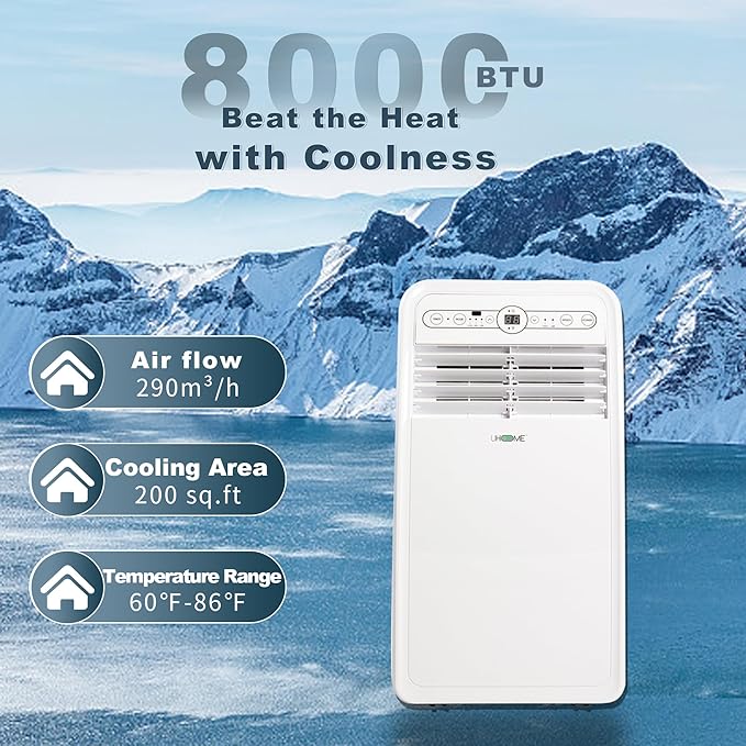 Uhome 8000 BTU Portable Air Conditioner, with Cooling, Dehumidifier, Fan, Remote Control and Window Mount Kit Included, White, 24H Timer - Image 2