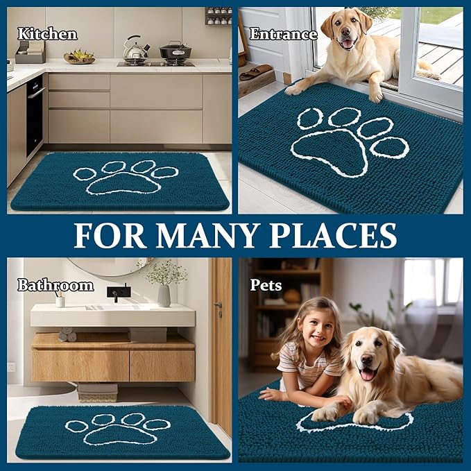 OLANLY Dog Door Mat for Muddy Paws 35x24, Paw Print Design, Absorbs Moisture and Dirt, Absorbent Non-Slip Washable Doormat, Quick Dry Chenille Mud Mat, Entry Indoor Entryway Carpet, Atlantic Blue - Image 8