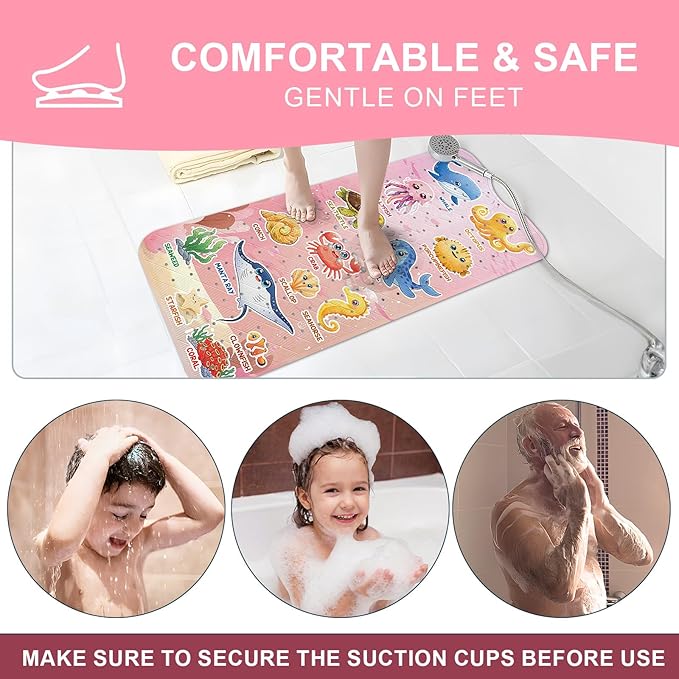 XIYUNTE Baby Bath Mat for Tub Non Slip Kids Bath Mat - 40"x16" Extra Long Bathtub Mat Non Slip Kids, Eco-Friendly Toddler Bath Mats with Suction Cups for Secure Grip, Easy to Clean & Easy Drying - Image 7