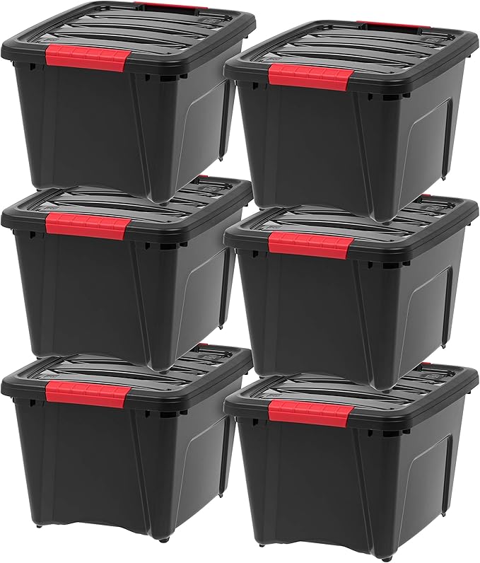 IRIS USA 19 QT Plastic Storage Box with Lid and Latches - 6 Pack - BPA-Free, Garage Organizing Solution, Durable Nestable Stackable Containers, Secure Pull Handle - Black by IRISUSA