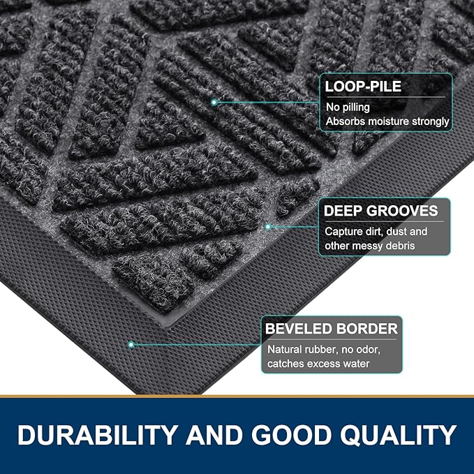Smiry Front Door Mat Outside Entrance, Heavy Duty Sturdy Natural Rubber Doormat, Trap Dirt and Moisture, Easy Clean Low Profile Mats for Indoor Outdoor Entry, Grid Geometric (59x34, Grey) - Image 4