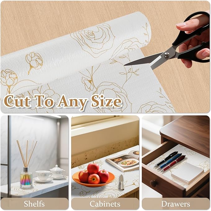 FINNEZ Drawer and Shelf Liner for Kitchen Cabinet Non Adhesive Non Slip 12in x 20FT, Heavy Duty Gripper Cabinet Liners, Waterproof No Residue Easy Cut with Measuring Tape & Cutter Tool (Golden Flower) - Image 7