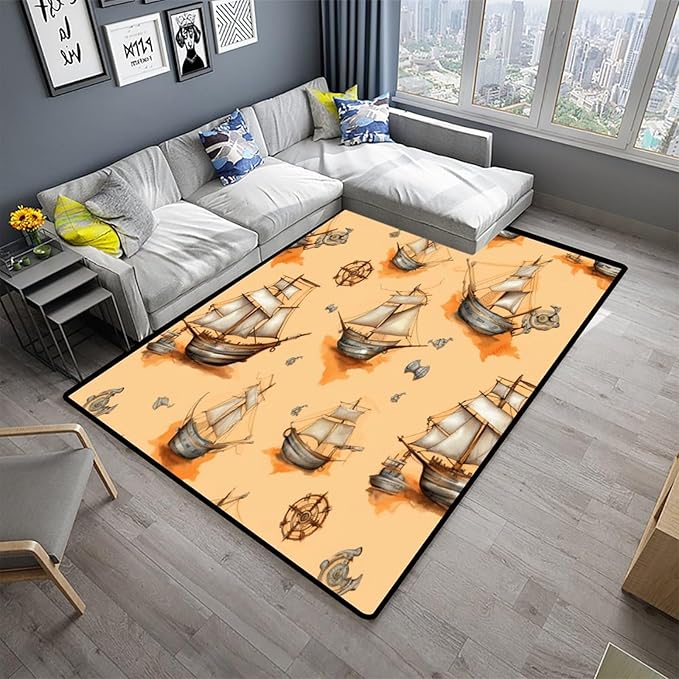 Runner, Sailboat Pattern Printing Foldable Area Rugs Fade Resistant, Flame Resistant, Quick Dry, Stain Resistant, Waterproof Floor Carpet for Living Room Bedroom, 60 x 96 Inch - Image 2