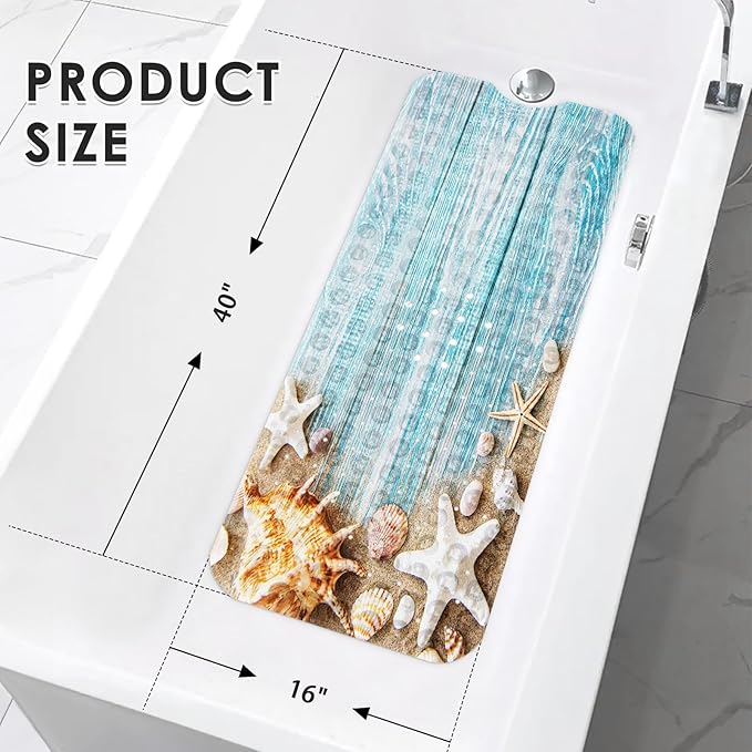 Seashells Summer Bath Mat Non Slip, Space Beach Wood 40 X 16 Inch Extra Long Bathtub Shower Mat for Tub Anti Slip with Suction Cups and Drain Holes for Kids Adults Elderly - Image 2