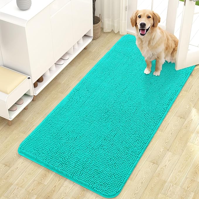 OLANLY Dog Door Mat for Muddy Paws 47x24, Absorbs Moisture and Dirt, Absorbent Non-Slip Washable Doormat, Quick Dry Chenille Mud Mat for Dogs, Entry Indoor Entryway Carpet for Inside Floor, Teal by OLANLY
