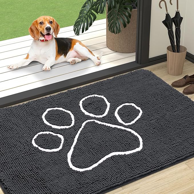 OLANLY Dog Door Mat for Muddy Paws 47x32, Paw Print Design, Absorbs Moisture and Dirt, Absorbent Non-Slip Washable Doormat, Quick Dry Chenille Mud Mat for Dogs, Entry Indoor Entryway Carpet, Dark Grey by OLANLY