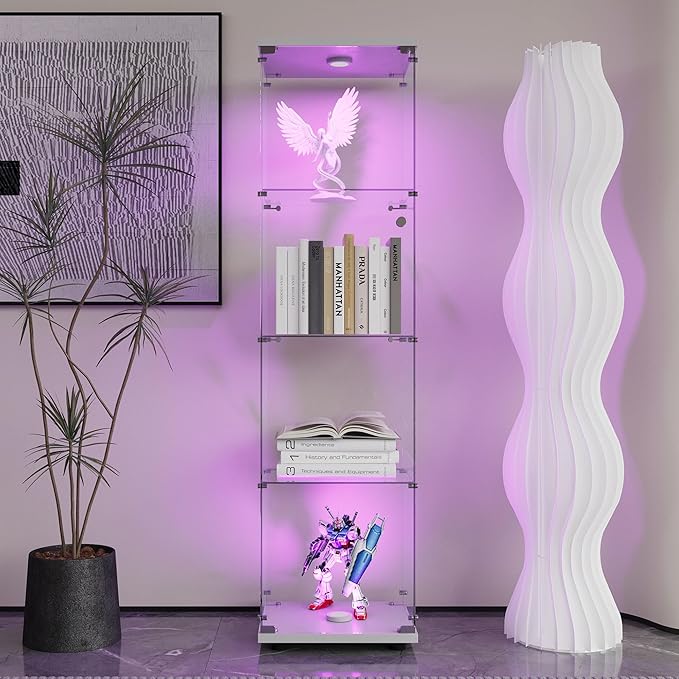 Yoluckea 4-Tier Glass Display Cabinet with Paipai Light, 1-Door Floor Standing Curio Cabinet with Adjustable Floor Feet for Home Office Corner Display, White Glass Bookshelf for Collections and Decor - Image 8