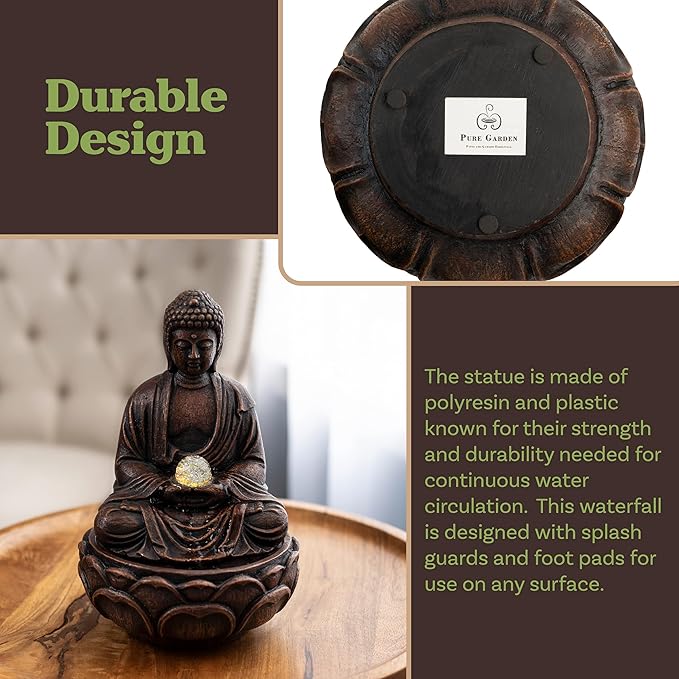 Pure Garden Indoor Tabletop Water Fountain - Sitting Buddha Statue with Rolling Glass Ball, Multi-Colored LED Lights, Electric Pump & Soothing Sounds, Durable, Natural Humidifier - Home, Office Decor - Image 4