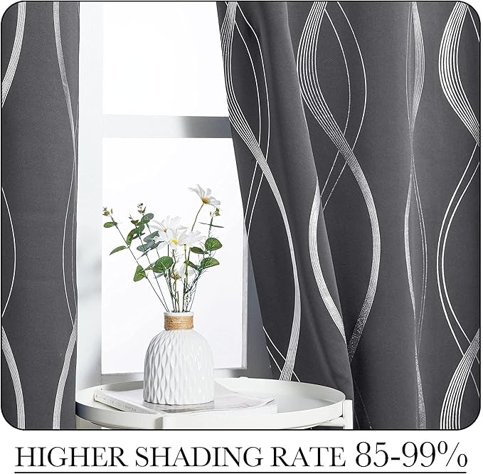 NICETOWN Grey Blackout Floral Pattern Curtains for Living Room 84 inch Long 2 Panels Set, Noise Reducing Thermal Insulated Wave Line Foil Print Bedroom Drapes for Patio Sliding Glass Door (52 x 84) - Image 5