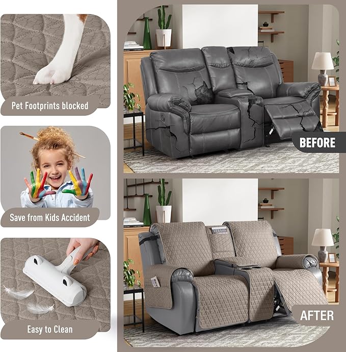 TAOCOCO 100% Waterproof Loveseat Recliner Couch Sofa Covers with Console,Double Reclining Couch Cover Non-Slip Sofa Slipcovers Washable,Furniture Protector Covers for Kids,Pets(2 Seater,Taupe) - Image 2