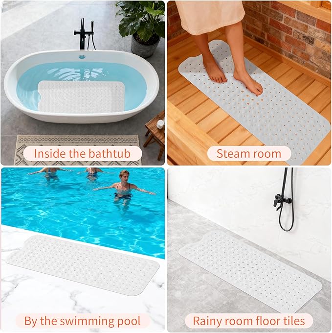 Anti-Slip Bathtub Shower mat, 39.3×15.7 inch（Approximately 100 × 40cm） Soft Oversized Machine Washable Non-Slip Bathtub mat with Drainage Holes, Bathroom Floor Suction Cup.（1-Opaque White） - Image 6