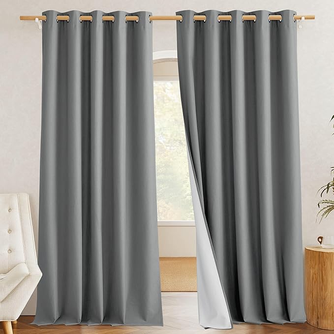 NICETOWN 100% Absolutely Blackout Linen Curtains with Thermal Insulated White Liner, Dove Grey, W62, 2 Pieces, Noise Reducing Textured Linen Look Curtains for Windows 90 inch Length for Classroom by NICETOWN