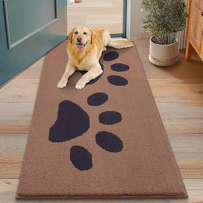 Smiry Dog Door Mat for Muddy Paws, Absorbs Moisture and Dirt, Low-Profile Entryway Mat with Non-Slip Backing, Entry Indoor Outdoor Doormat for Inside Floor (48x30 Inches, Camel and Black, Paw) by Smiry