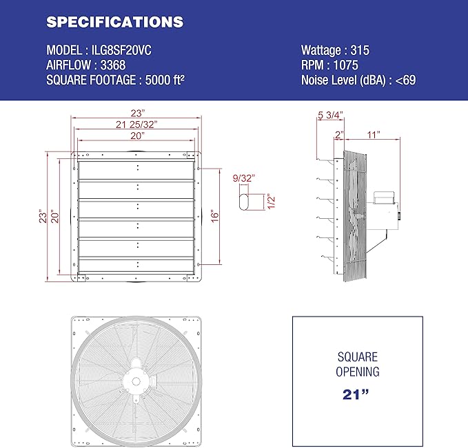 iLIVING 20" Shutter Exhaust Fan with Wireless Smart Remote Controlled Thermostat and Humidity, Variable Speed Wall Mounted Attic Vent Fan, Chicken Coop Ventilation, 3368 CFM, 5000 SQF Coverage Area - Image 4