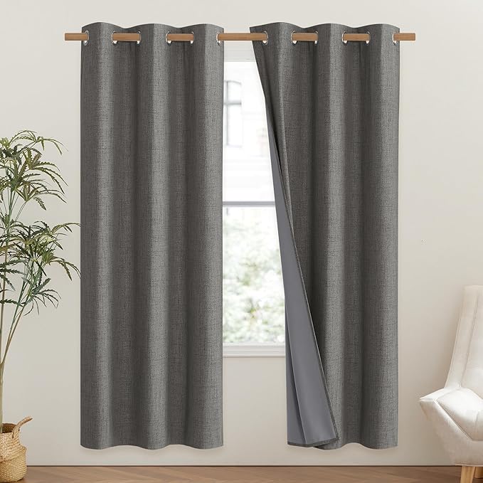 NICETOWN Grizzle Gray Vintage Linen 100% Blackout Curtains for Classroom, Thermal Insulated Curtains 72" Long, Noise Reducing Window Treatment Drapes for Gym Room, 42" Wide Per Panel, Set of 2 - Image 2