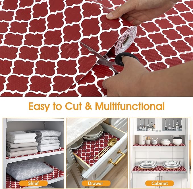 Shelf and Drawer Liner for Kitchen Cabinets Non-Adhesive, Strong Grip Non-Slip Thickened Cabinet Liners for Shelves, Waterproof Mats for Dresser Cupboard, Red/White, 12 in x 10 Feet - Image 5