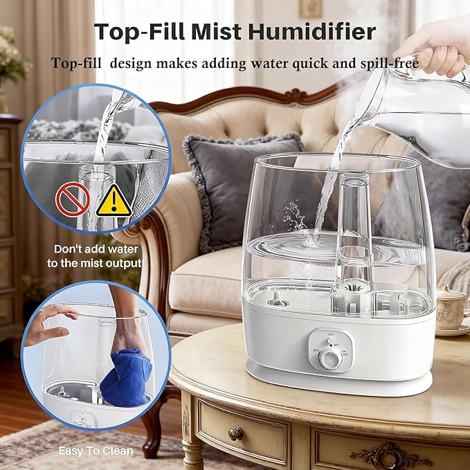 6L Humidifier for Large Room - Cool Mist Ultrasonic with 60H Runtime, Top Fill, Whisper Quiet ≤28dB, Auto Shut-Off, Essential Oil Diffuser & Night Light for Baby Nursery Bedroom Office - Image 4