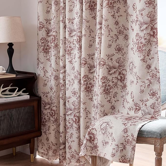 jinchan Blackout Floral Curtains Linen Blend Curtain for Living Room 90 Inch Length Farmhouse Brick Red Flower Printed Drapes for Bedroom Rod Pocket Back Tab Curtains Set 2 Panels - Image 8