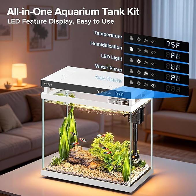 Fish Tank Aquarium, 2.2 Gallon Smart Fish Aquarium Kits with Auto Feeder, Silent Water Pump, Temperature Display, Smart Humidifier & 7-Color Lighting, for Office & Home - White - Image 7