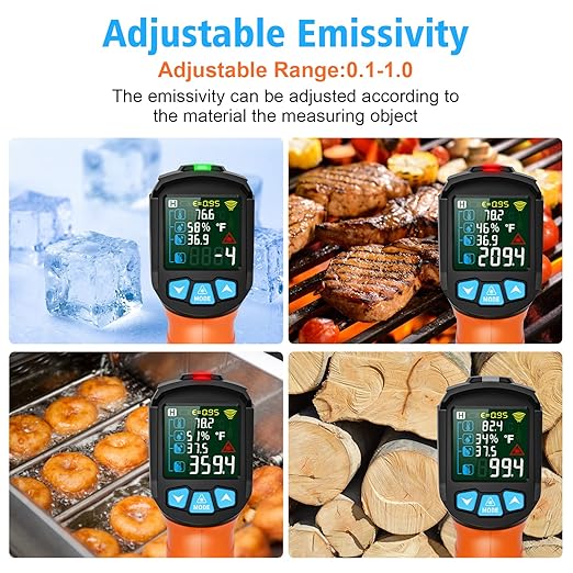 MESTEK Infrared Thermometer Gun, Non Contact Digital Laser Thermometer Temperature Gun with Color LCD for Cooking, Home Repairs, Humidity Measurement, Adjustable Emissivity -58°F to 1472°F(-50~800°C) - Image 6
