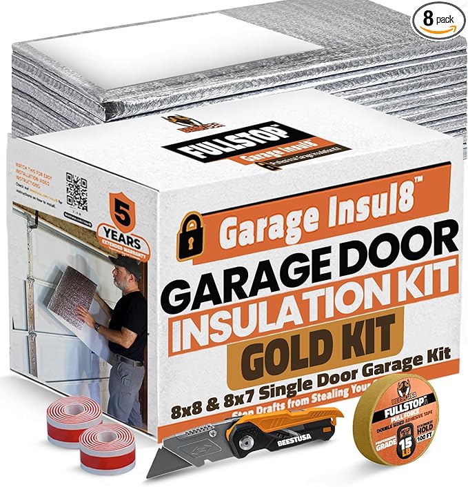 BEEST FULLSTOP Garage Door Insulation Kit w/ Seals & Window Films - 8x7 & 8x8 ft Single Garage Door Insulation Panels - Easy-to-Install 8 Pre-Cut 24x48 Foam-Core Panels w/ Tape, Cutter & Squeegee by BEEST