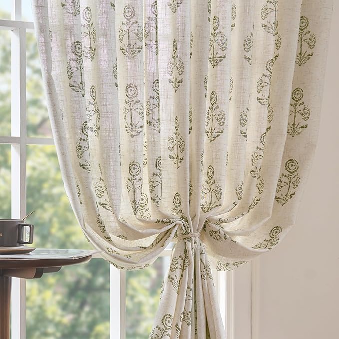 jinchan Linen Floral Curtains for Living Room 84 Inch Length Green Flower Cottage Core Farmhouse Curtains Rod Pocket Back Tab Boho Semi Sheer Window Drapes Bedroom Set 2 Panels Green on Beige - Image 7